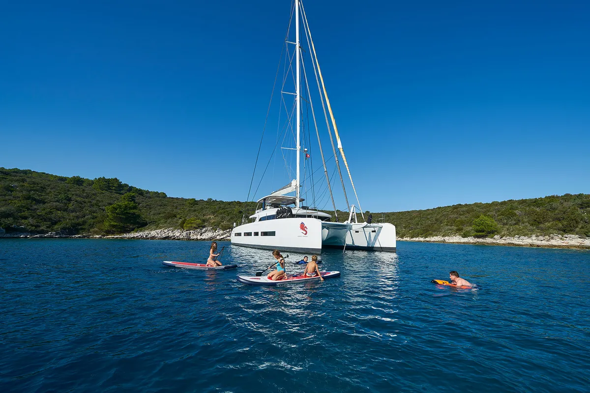 Exterior view of Adriatic Dragon, a Lagoon 77 catamaran at Split, Croatia