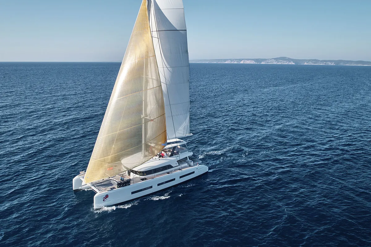 Exterior view of Adriatic Dragon, a Lagoon 77 catamaran at Split, Croatia