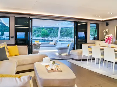 Salon of Adriatic Dragon, a Lagoon 77 catamaran at Split, Croatia