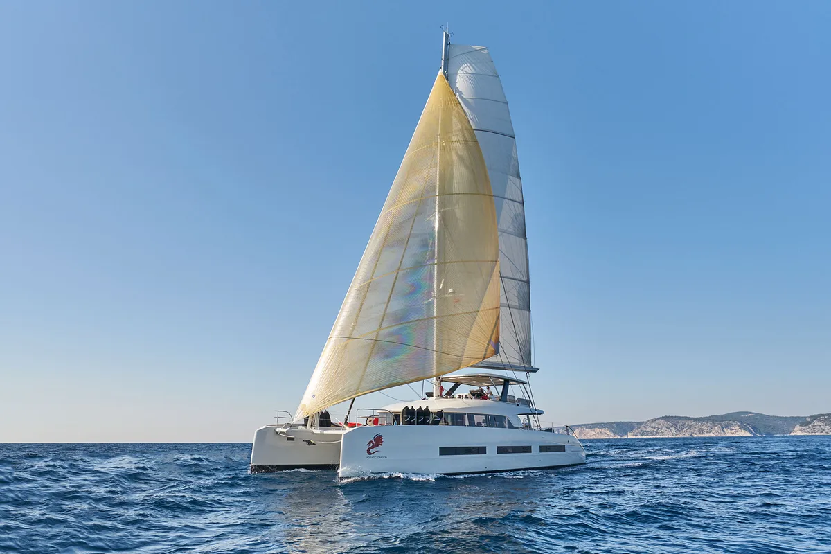 Exterior view of Adriatic Dragon, a Lagoon 77 catamaran at Split, Croatia