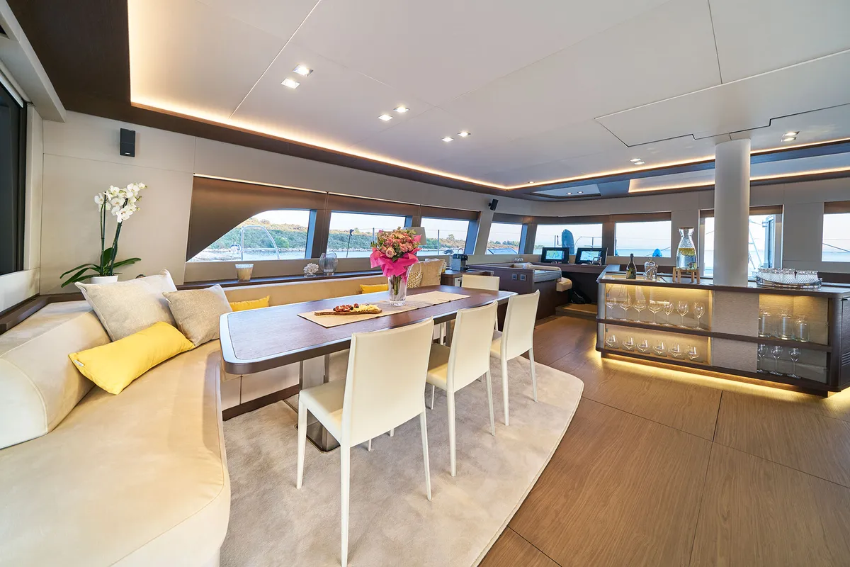 Salon of Adriatic Dragon, a Lagoon 77 catamaran at Split, Croatia
