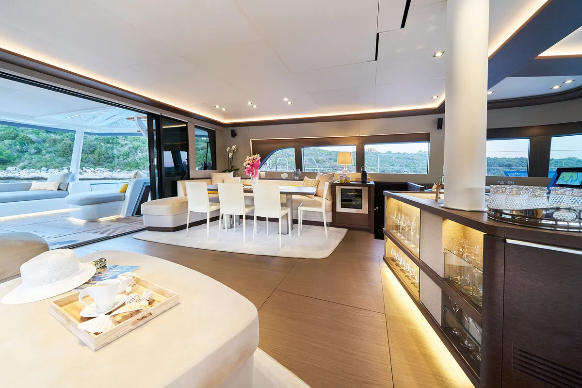 Salon of Adriatic Dragon, a Lagoon 77 catamaran at Split, Croatia