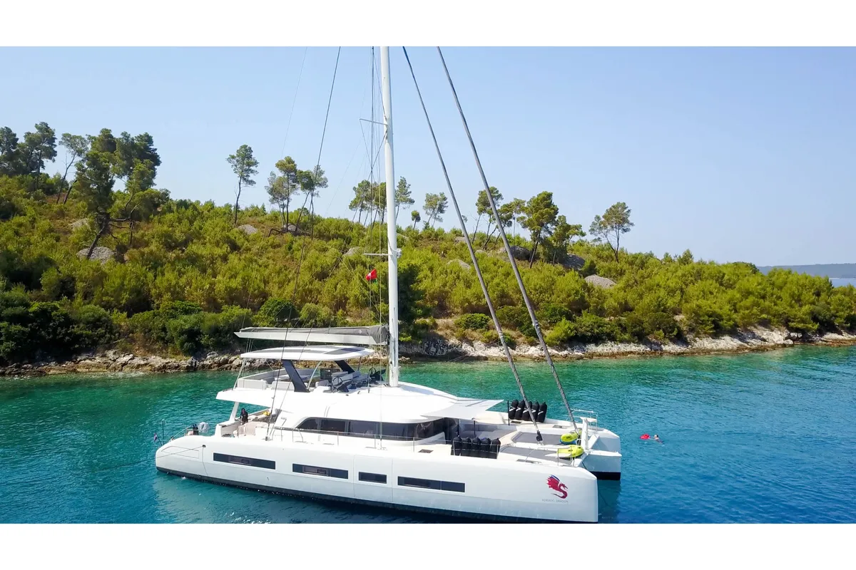 Exterior view of Adriatic Dragon, a Lagoon 77 catamaran at Split, Croatia