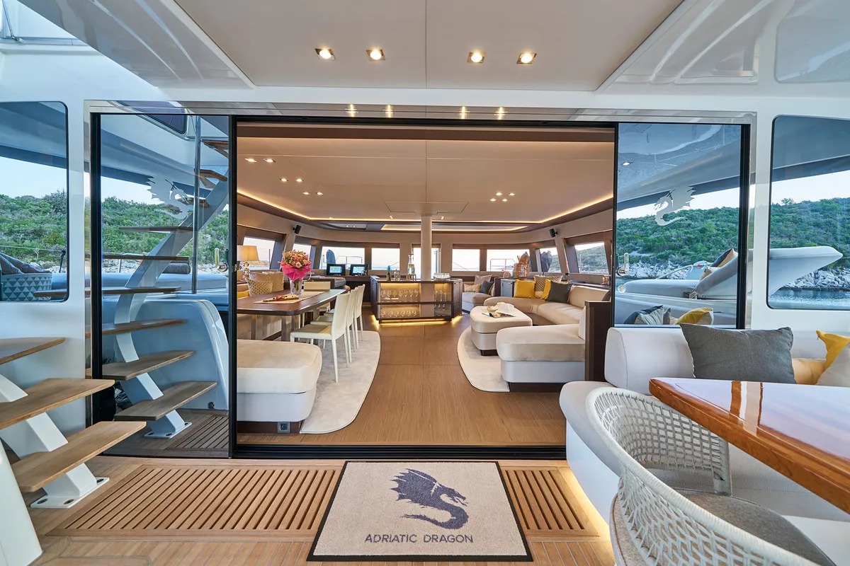 Salon of Adriatic Dragon, a Lagoon 77 catamaran at Split, Croatia