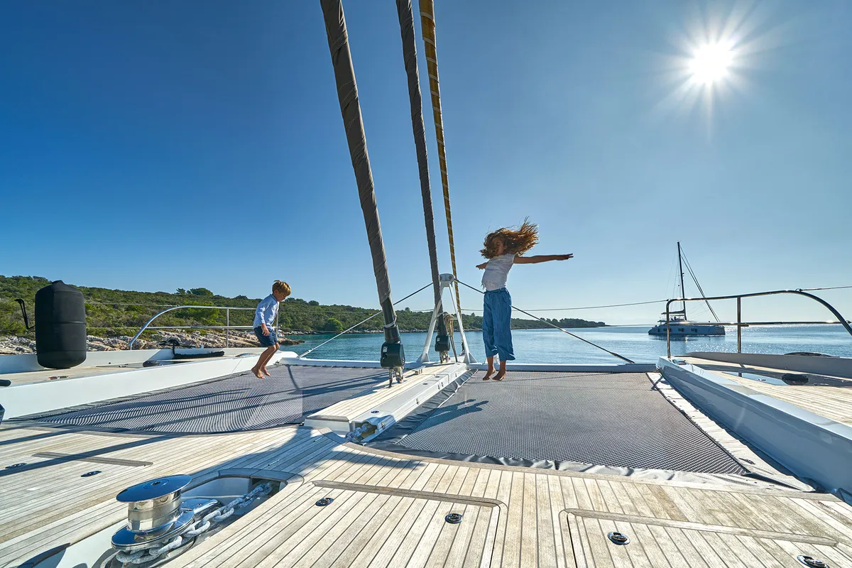 Exterior view of Adriatic Dragon, a Lagoon 77 catamaran at Split, Croatia