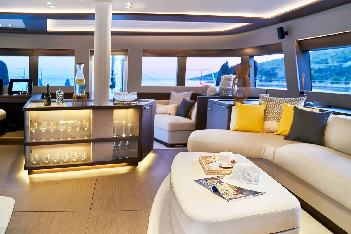 Salon of Adriatic Dragon, a Lagoon 77 catamaran at Split, Croatia