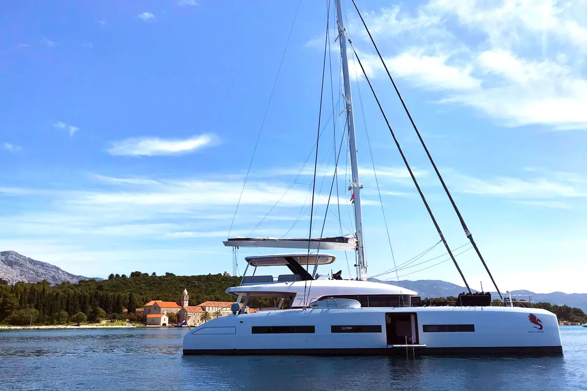 Exterior view of Adriatic Dragon, a Lagoon 77 catamaran at Split, Croatia