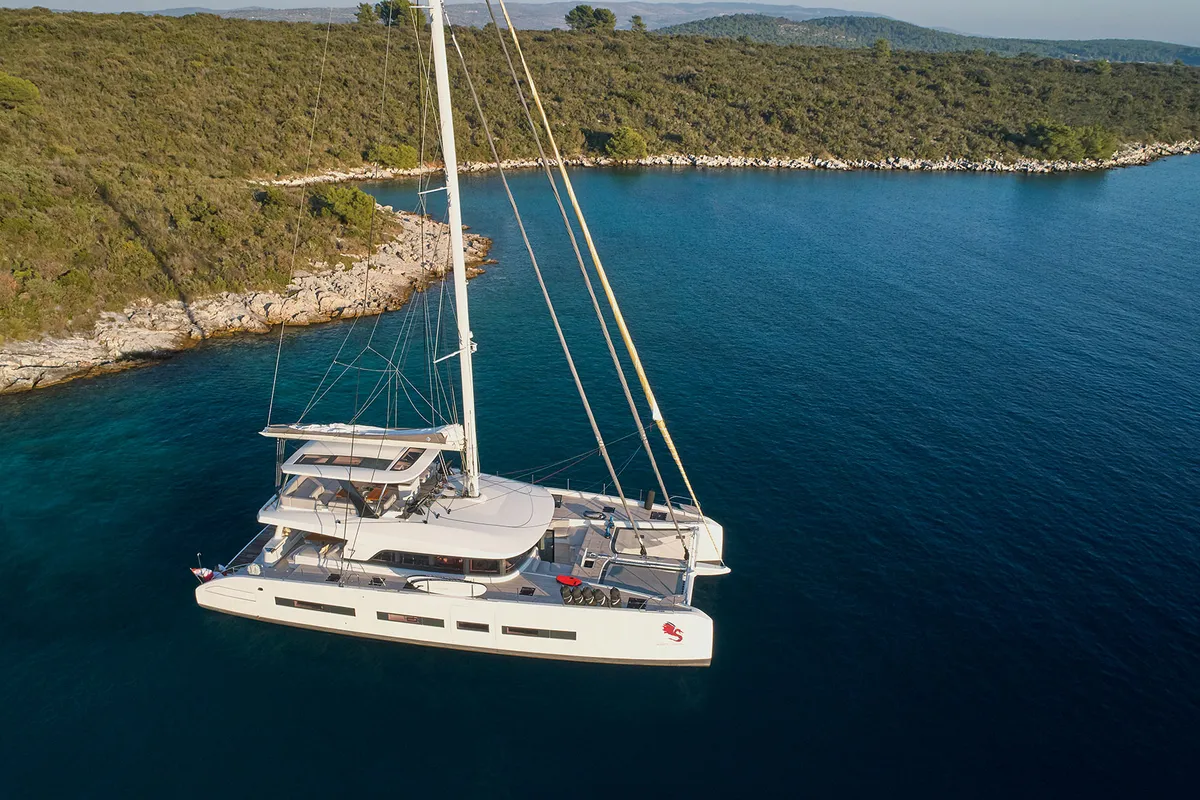 Exterior view of Adriatic Dragon, a Lagoon 77 catamaran at Split, Croatia