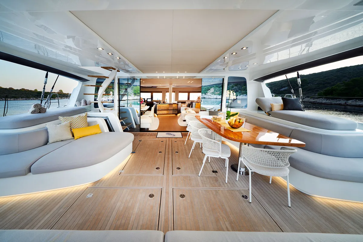 Deck of Adriatic Dragon, a Lagoon 77 catamaran at Split, Croatia