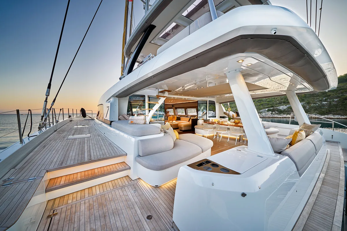 Deck of Adriatic Dragon, a Lagoon 77 catamaran at Split, Croatia