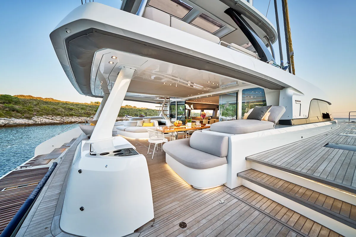 Deck of Adriatic Dragon, a Lagoon 77 catamaran at Split, Croatia