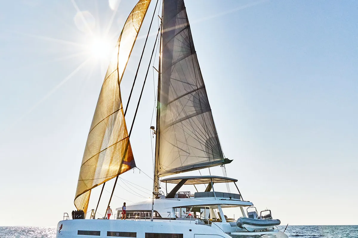 Exterior view of Adriatic Dragon, a Lagoon 77 catamaran at Split, Croatia