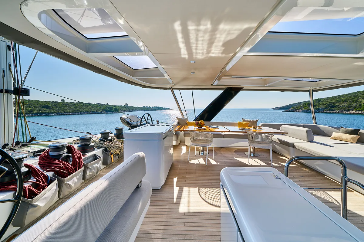 Deck of Adriatic Dragon, a Lagoon 77 catamaran at Split, Croatia