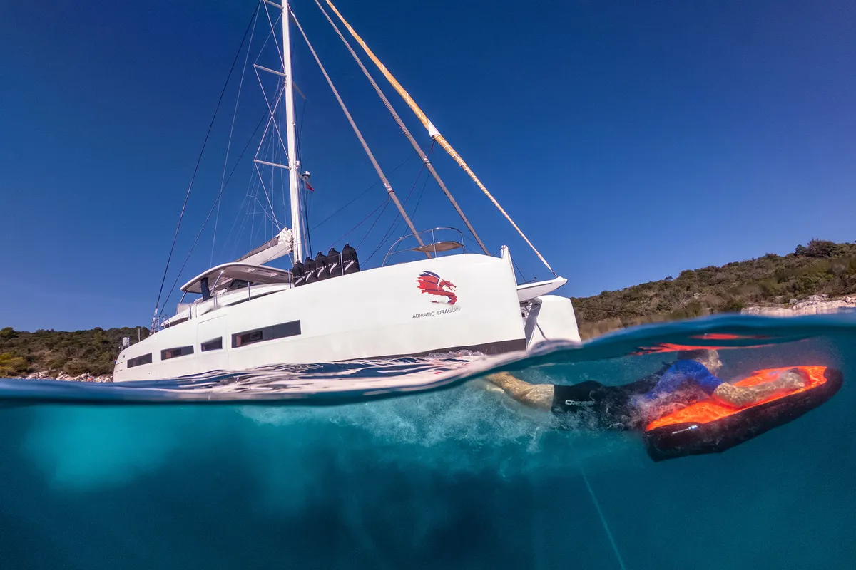 Exterior view of Adriatic Dragon, a Lagoon 77 catamaran at Split, Croatia