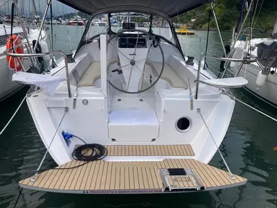 Cockpit of Ziriguidum, a Delta 36 sailboat at Paraty, Brazil