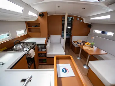 Salon of Nastazia, a Jeanneau Sun Odyssey 410 sailboat at Neo Klima, Greece