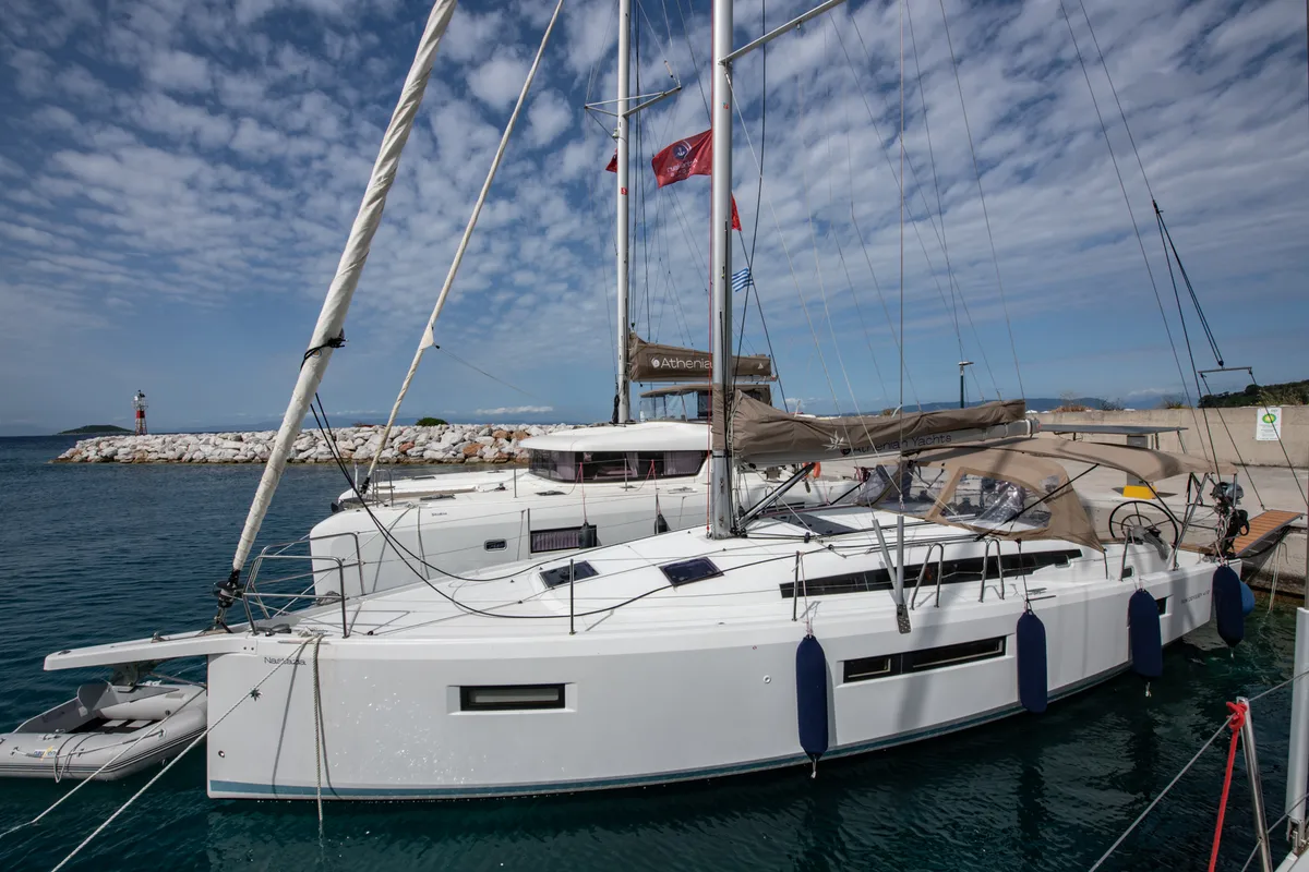 Exterior view of Nastazia, a Jeanneau Sun Odyssey 410 sailboat at Neo Klima, Greece