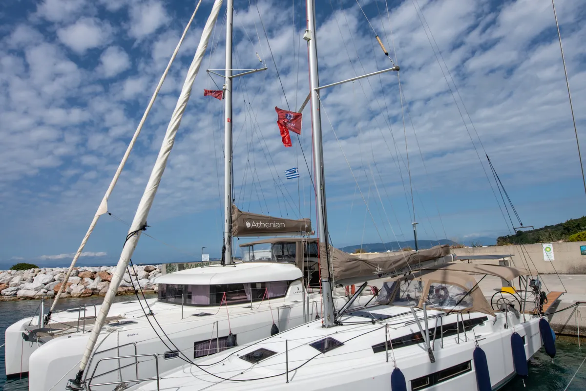 Exterior view of Nastazia, a Jeanneau Sun Odyssey 410 sailboat at Neo Klima, Greece