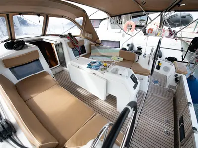 Cockpit of Nastazia, a Jeanneau Sun Odyssey 410 sailboat at Neo Klima, Greece