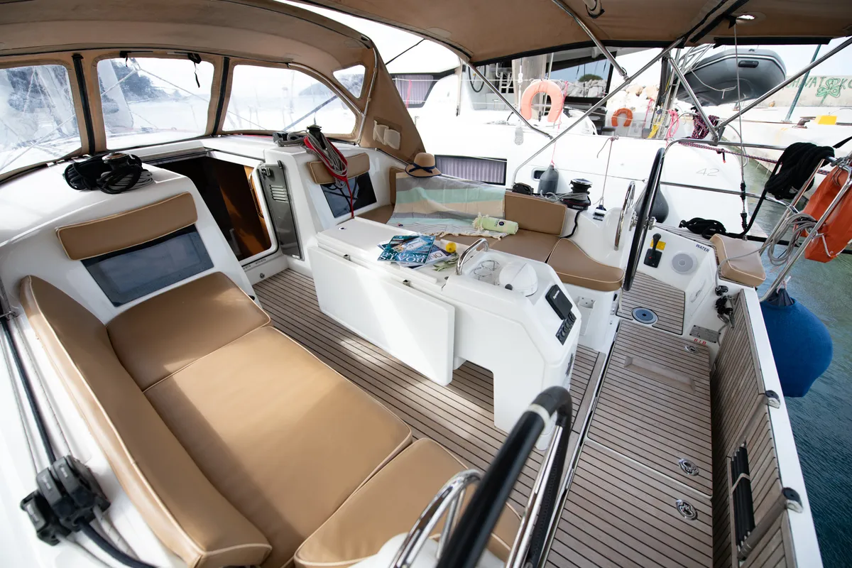 Cockpit of Nastazia, a Jeanneau Sun Odyssey 410 sailboat at Neo Klima, Greece