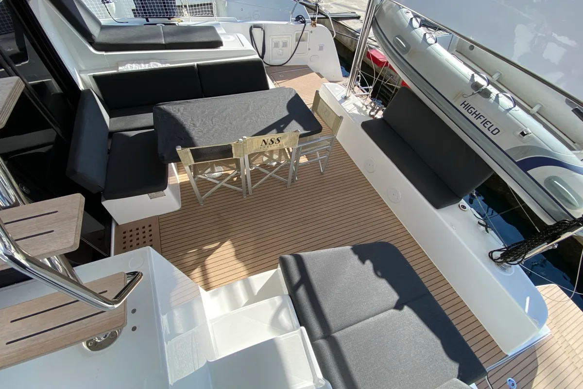 Deck of Alkaid, a Lagoon 42 catamaran at Olbia, Italy