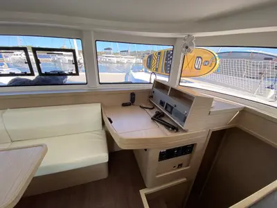 Salon of Alkaid, a Lagoon 42 catamaran at Olbia, Italy