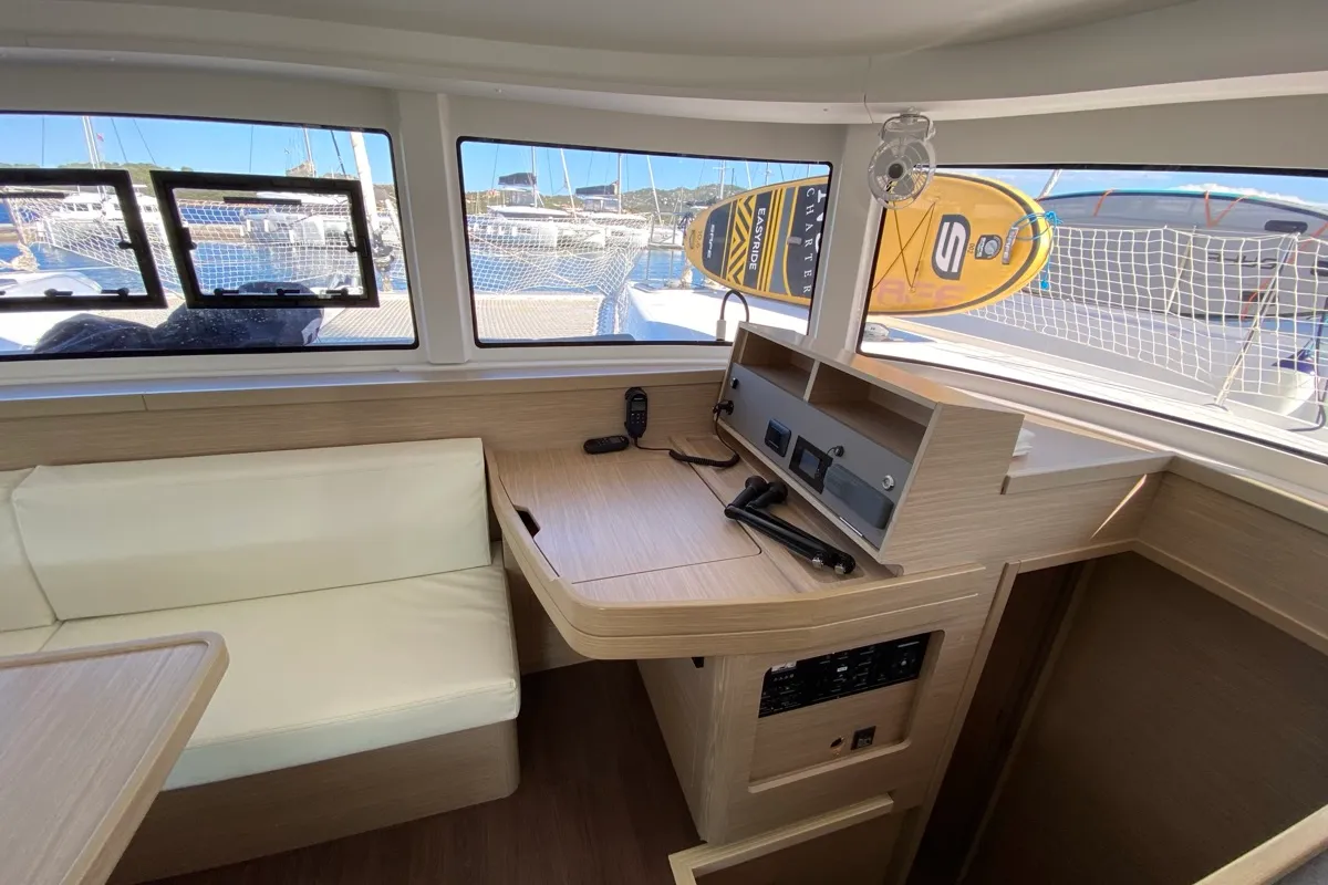 Salon of Alkaid, a Lagoon 42 catamaran at Olbia, Italy
