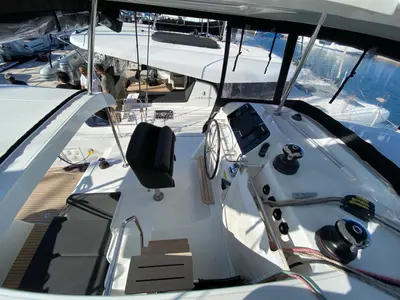 Cockpit of Alkaid, a Lagoon 42 catamaran at Olbia, Italy