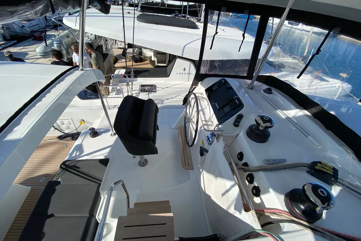 Cockpit of Alkaid, a Lagoon 42 catamaran at Olbia, Italy