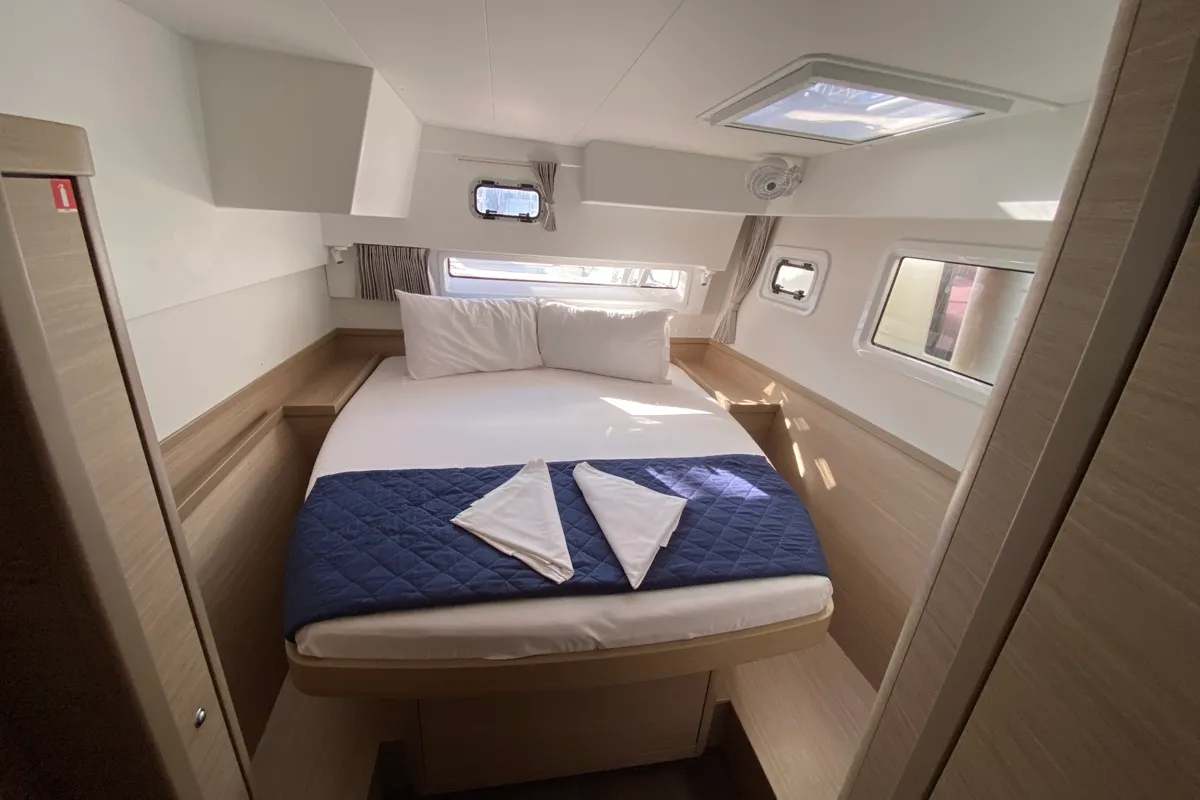 Cabin on Alkaid, a Lagoon 42 catamaran at Olbia, Italy