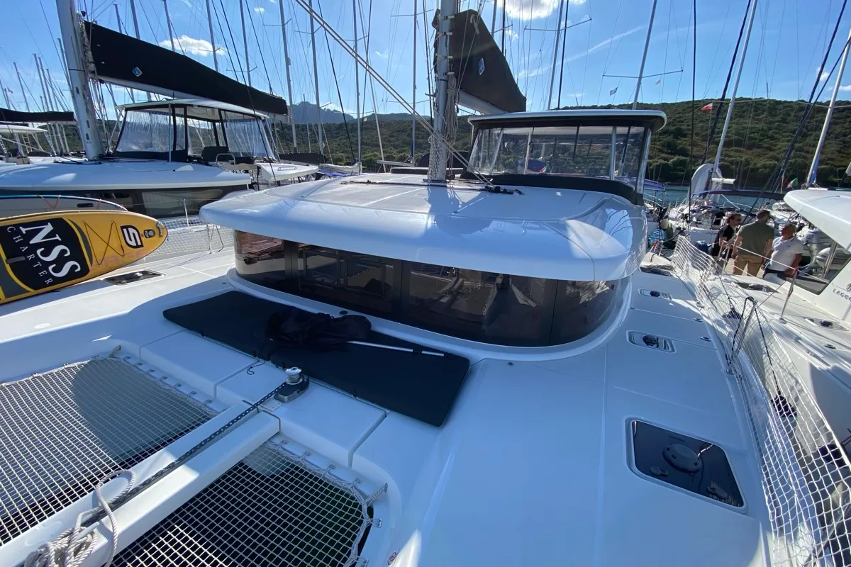 Deck of Alkaid, a Lagoon 42 catamaran at Olbia, Italy
