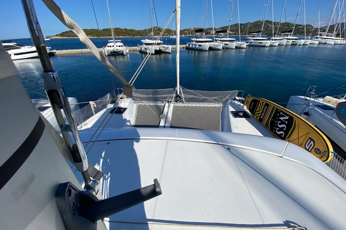 Deck of Alkaid, a Lagoon 42 catamaran at Olbia, Italy