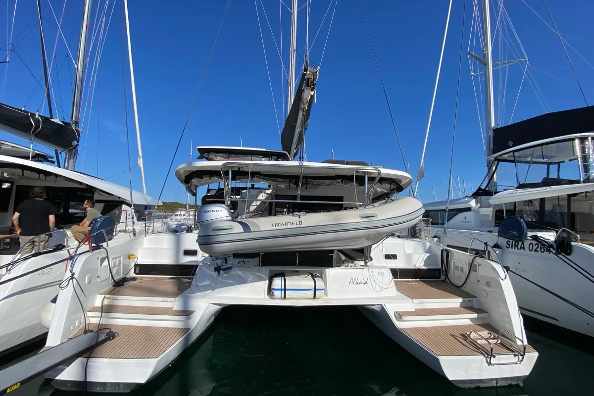 Exterior view of Alkaid, a Lagoon 42 catamaran at Olbia, Italy