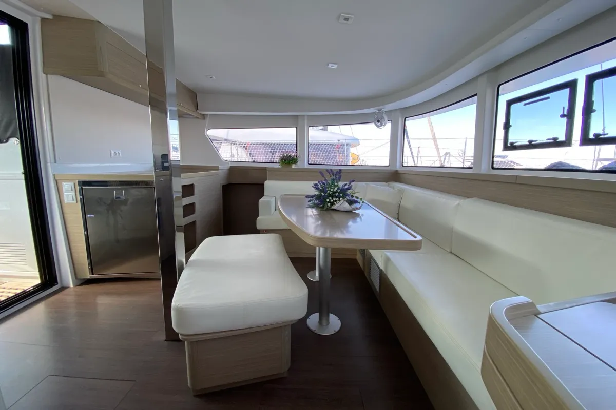 Salon of Alkaid, a Lagoon 42 catamaran at Olbia, Italy