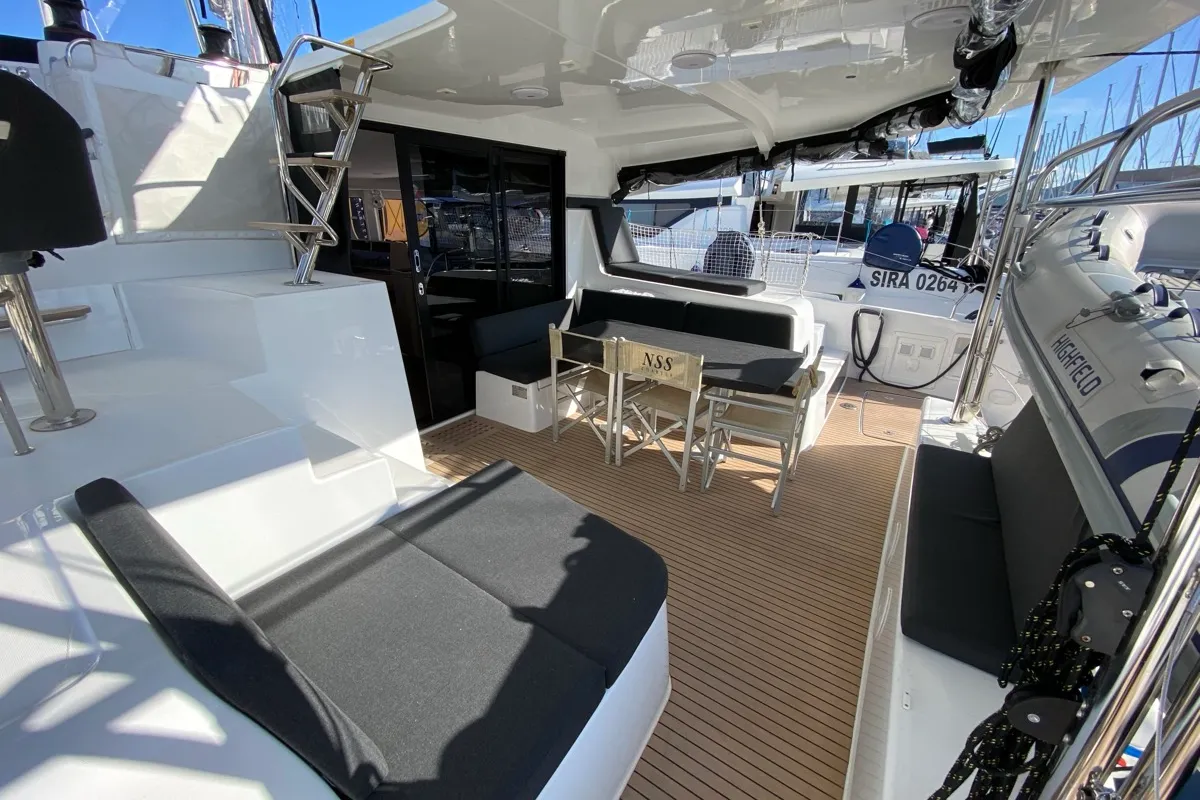 Deck of Alkaid, a Lagoon 42 catamaran at Olbia, Italy