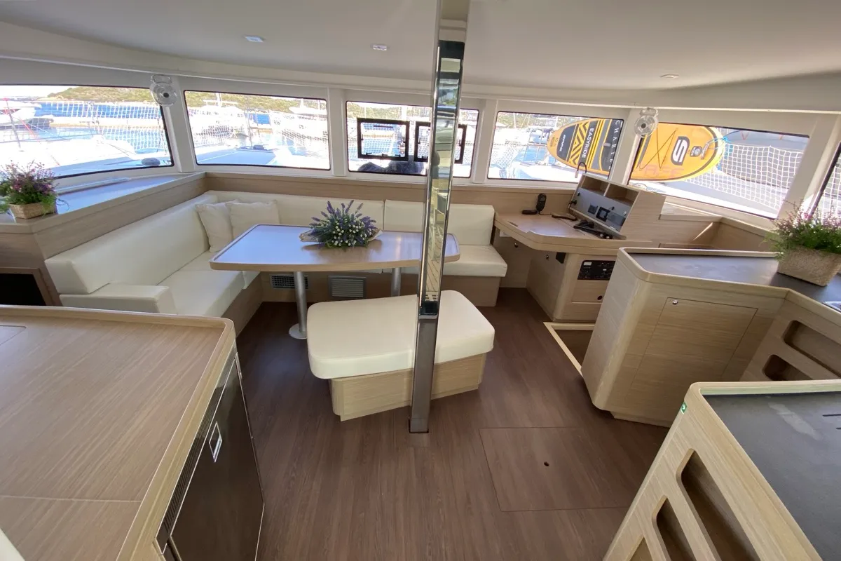 Salon of Alkaid, a Lagoon 42 catamaran at Olbia, Italy