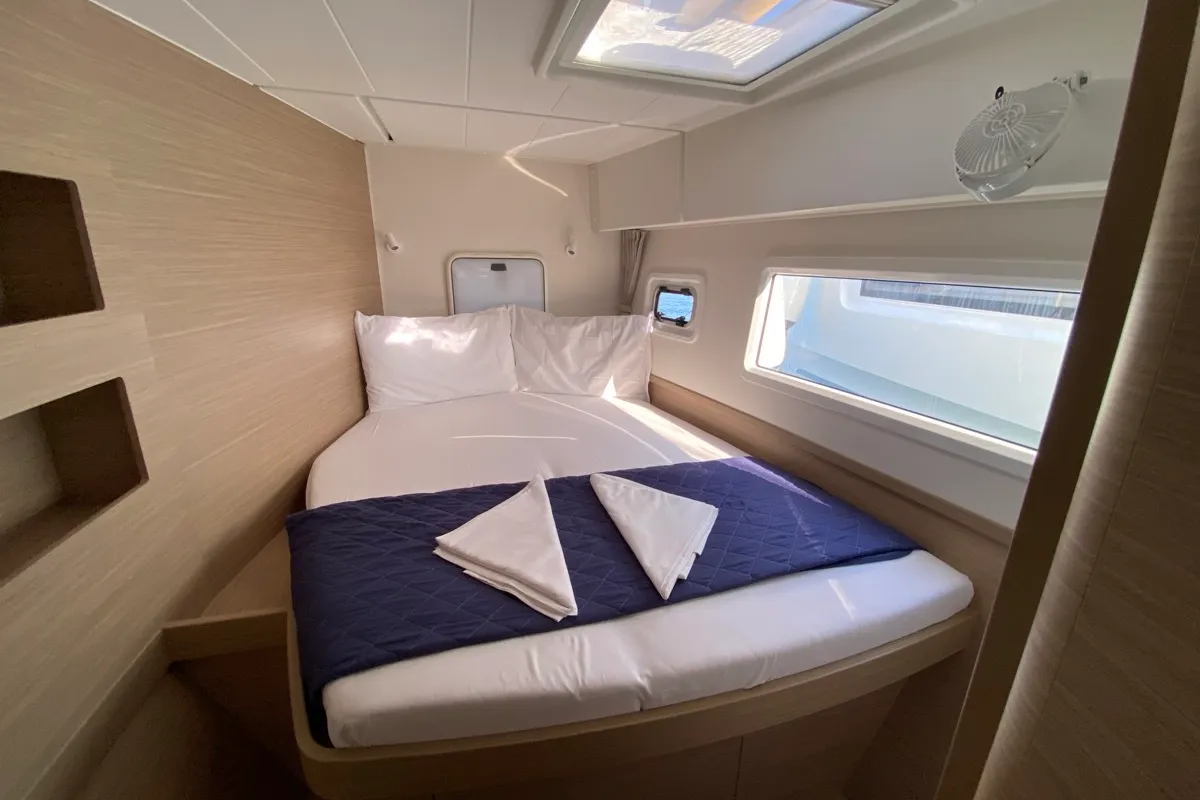 Cabin on Alkaid, a Lagoon 42 catamaran at Olbia, Italy
