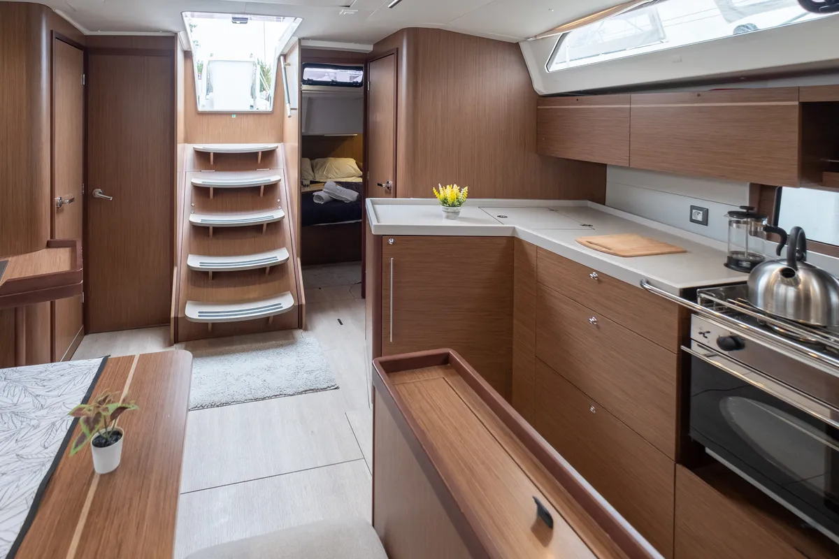 Galley of July, a Beneteau Oceanis 46.1 sailboat at Municipal Unit of Lefkada, Greece