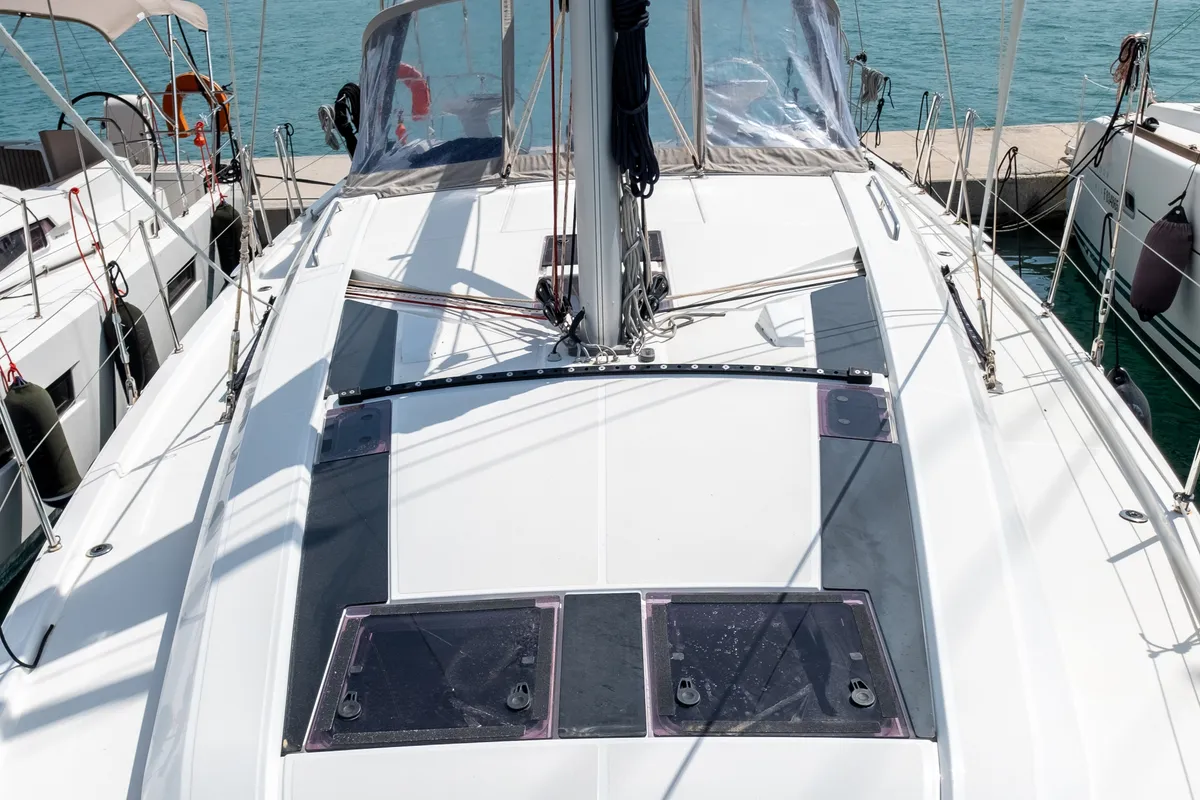 Deck of July, a Beneteau Oceanis 46.1 sailboat at Municipal Unit of Lefkada, Greece