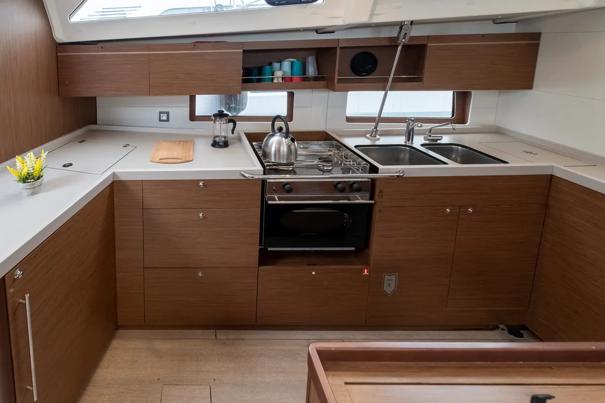 Galley of July, a Beneteau Oceanis 46.1 sailboat at Municipal Unit of Lefkada, Greece