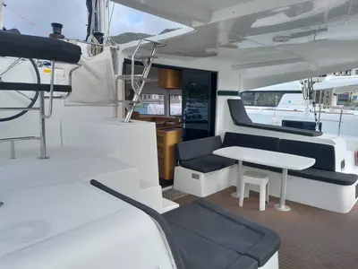 Deck of Bingo, a Lagoon 42 catamaran at Roche Caiman, Seychelles