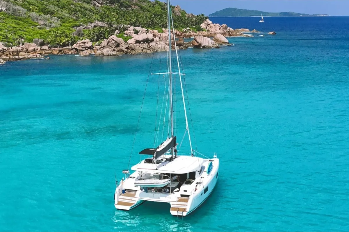 Exterior view of Bingo, a Lagoon 42 catamaran at Roche Caiman, Seychelles