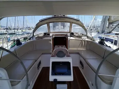 Cockpit of Mojito, a Bavaria Cruiser 46 sailboat at Kontokali, Greece