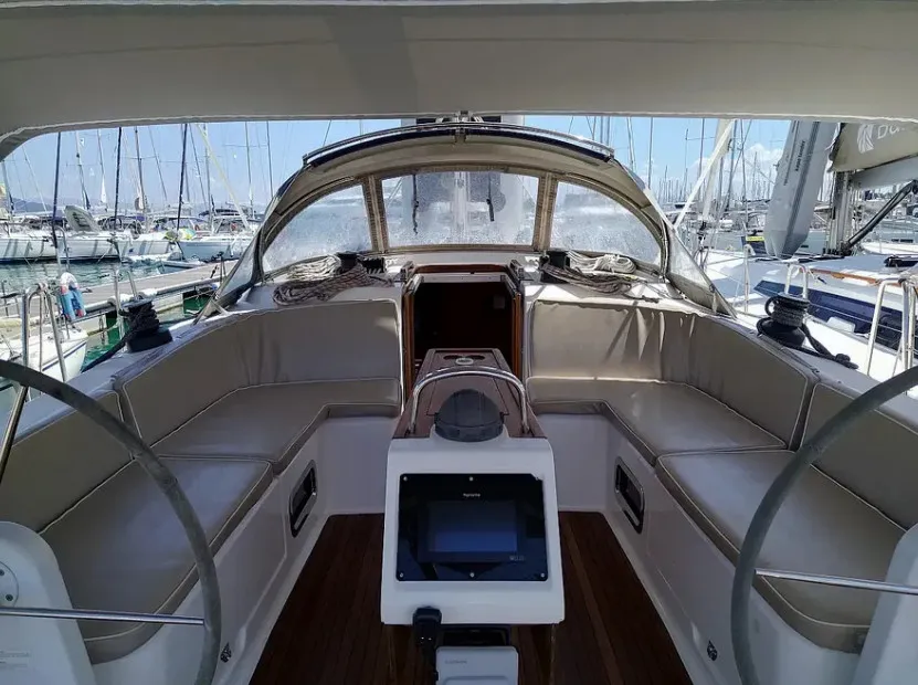 Cockpit of Mojito, a Bavaria Cruiser 46 sailboat at Kontokali, Greece