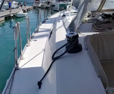 Deck of Mojito, a Bavaria Cruiser 46 sailboat at Kontokali, Greece