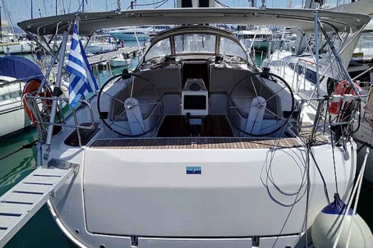 Exterior view of Mojito, a Bavaria Cruiser 46 sailboat at Kontokali, Greece