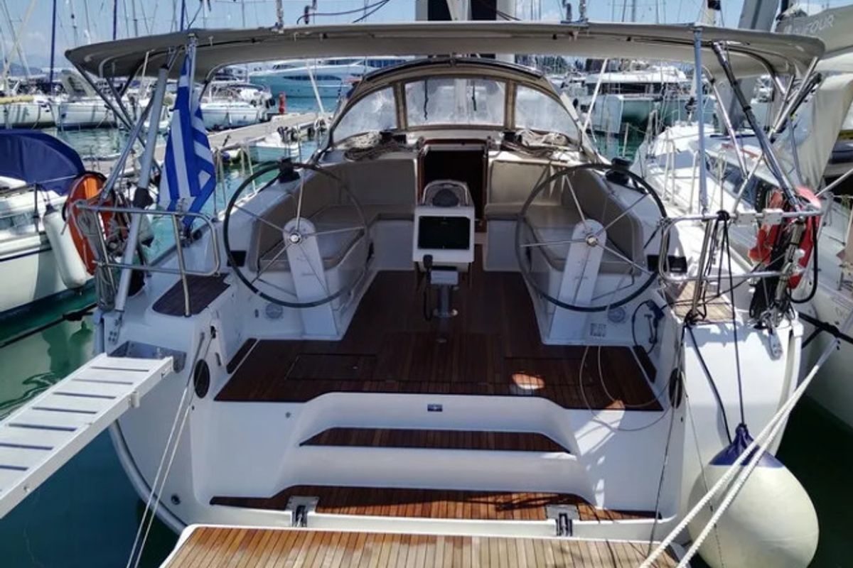Exterior view of Mojito, a Bavaria Cruiser 46 sailboat at Kontokali, Greece