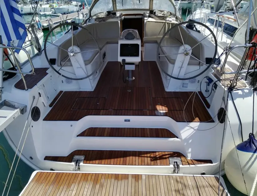 Exterior view of Mojito, a Bavaria Cruiser 46 sailboat at Kontokali, Greece