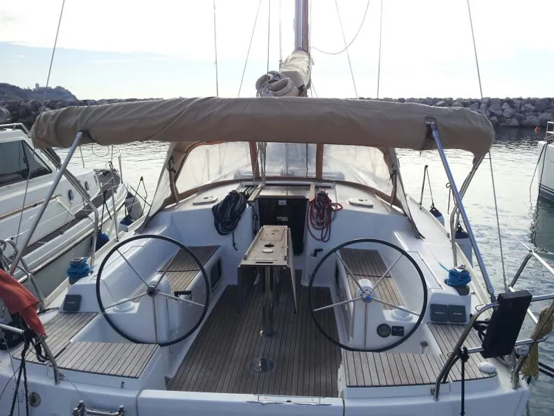 Cockpit of Galatea, a Dufour 405 sailboat at Piombino, Italy