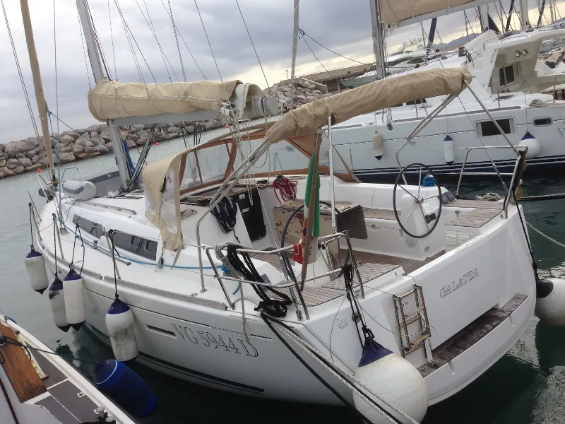 Exterior view of Galatea, a Dufour 405 sailboat at Piombino, Italy